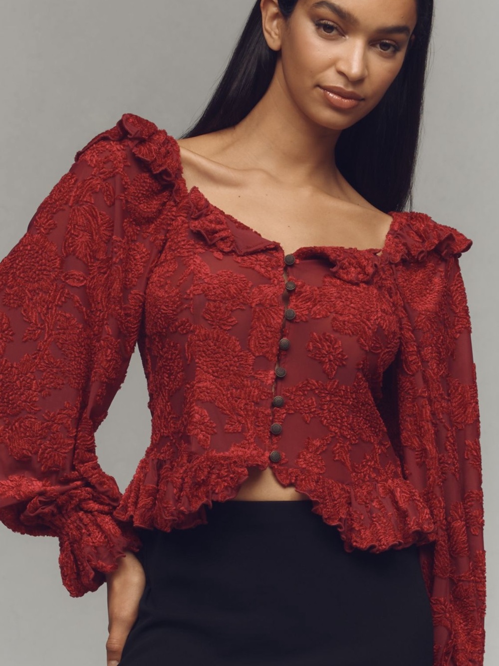 Anthropologie Red Textured Ruffled Button-Front Blouse